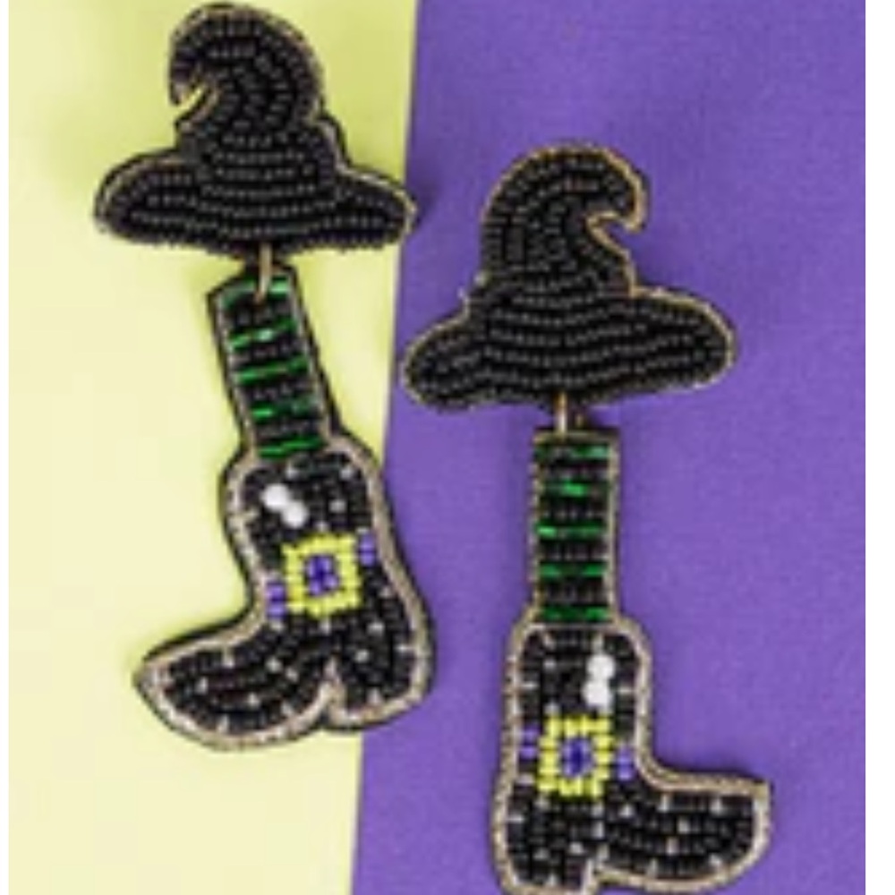 Black Beaded Witch Hat and Boot Earrings